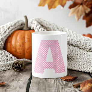 Mug Monogramme Gras en Points Polka Rose Clair et Blan