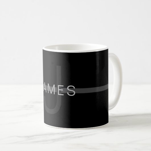 Mug Monogramme gris foncé, nom et rayure géométrique (Devant droit)