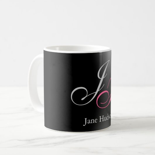Mug Monogramme gris noir Nom Lettres initiales Script (Devant gauche)