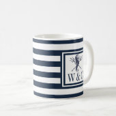Mug Monogramme Hippocampe Rayures Bleu Marine Nautique (Devant droit)