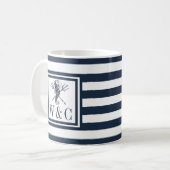 Mug Monogramme Hippocampe Rayures Bleu Marine Nautique (Devant gauche)