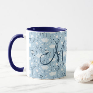 Mug Monogramme Initial Boho Bleu Blanc Floral Tendance
