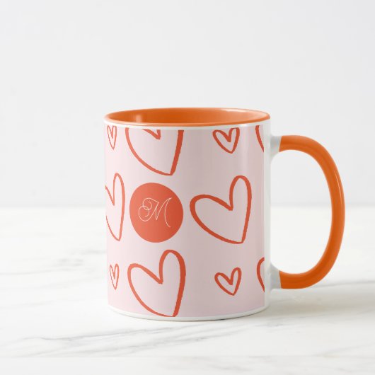 Mug monogramme initial - coeur rose orange et rouge (Droite)