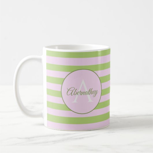 Mug Monogramme initial et nom Pastel Rose Vert rayé (Gauche)