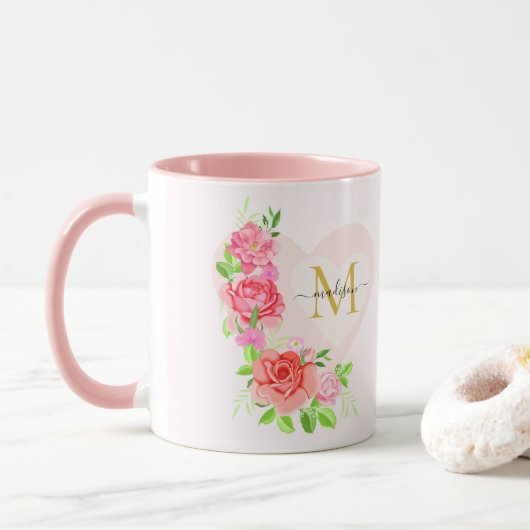 Mug Monogramme Initial Floral Rose Aquarelle Rose (Avec donut)