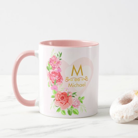 Mug Monogramme Initial Floral Rose Aquarelle Rose Clai (Avec donut)
