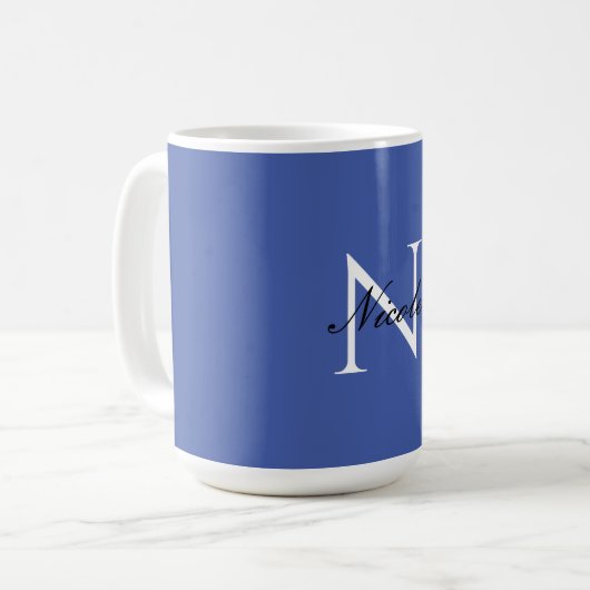 Mug Monogramme initial manuscrit propre nom bleu (Devant gauche)