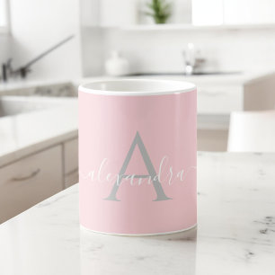 Mug Monogramme Initial Nom Rose Blanc Écriture Élégant