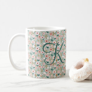 Mug Monogramme Initial Rose Vert Floral Aquarelle