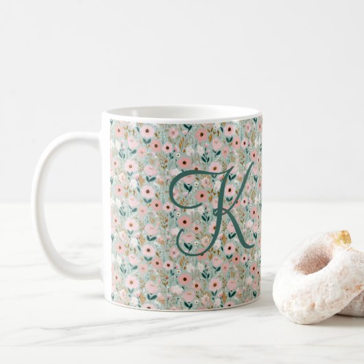 Mug Monogramme Initial Rose Vert Floral Aquarelle (Avec donut)