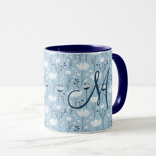 Mug Monogramme Initiale Boho Bleu Flore Blanche tendan (Devant droit)