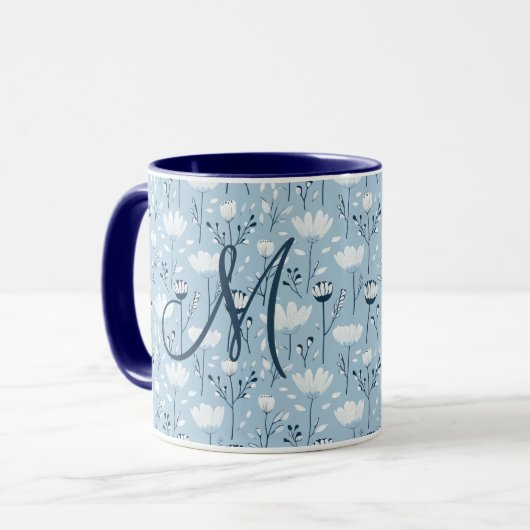 Mug Monogramme Initiale Boho Bleu Flore Blanche tendan (Devant gauche)