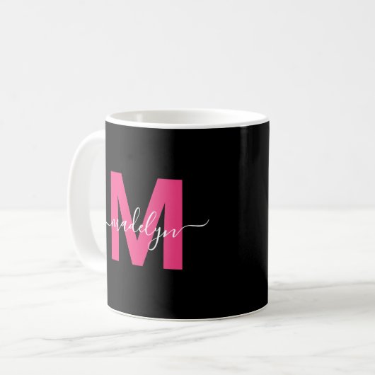 Mug Monogramme initiale de nom de script rose élégant (Devant gauche)
