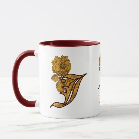 Mug Monogramme Initiale J Élégant Péonie Dorée Personn (Gauche)