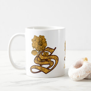 Mug Monogramme Initiale S Élégant Péonie Dorée Personn