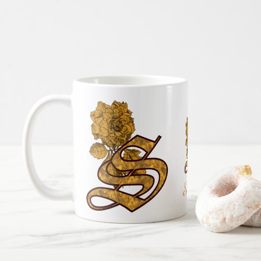 Mug Monogramme Initiale S Élégant Péonie Dorée Personn (Avec donut)