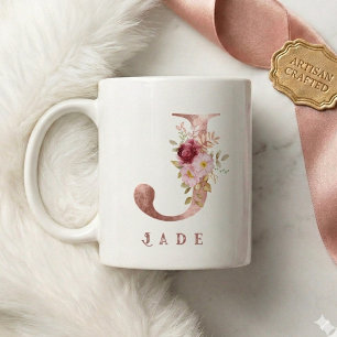 Mug Monogramme J personnalisé en or rose floral