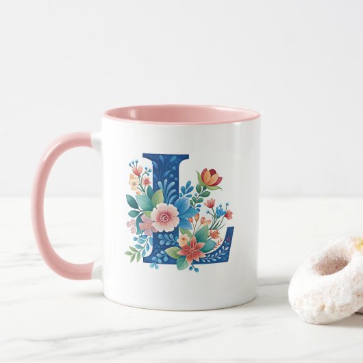 Mug Monogramme L bleu avec fleurs (Avec donut)