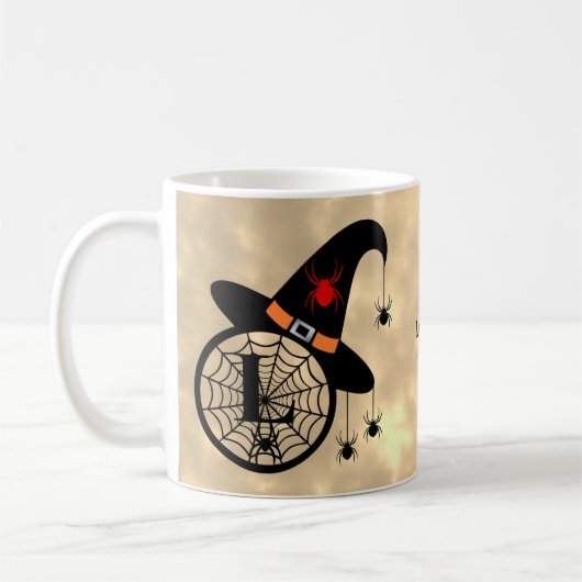 Mug Monogramme L Halloween Sky Witch Nom des araignées (Gauche)