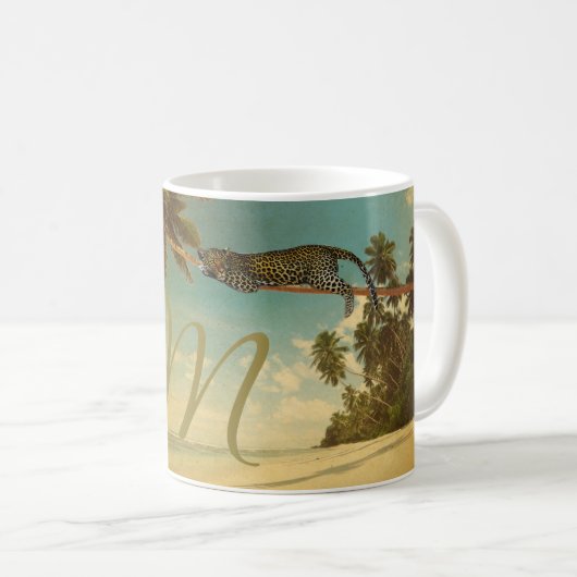 Mug Monogramme léopard de palmier de plage tropicale (Devant droit)