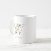 Mug Monogramme Lettre Or W | Floral Rose Blanc Vert (Devant gauche)