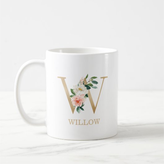 Mug Monogramme Lettre Or W | Floral Rose Blanc Vert (Gauche)