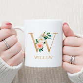 Mug Monogramme Lettre Or W | Floral Rose Blanc Vert