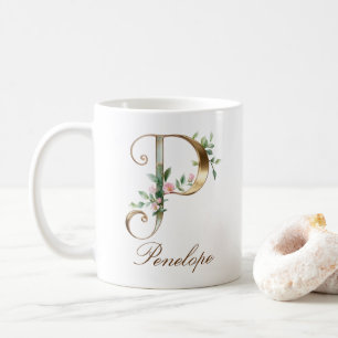Mug Monogramme Lettre P Floral Or Élégant