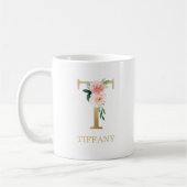 Mug Monogramme Lettre T Or | Floral Rose Blanc Vert (Gauche)