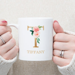 Mug Monogramme Lettre T Or Floral Rose Blanc Vert
