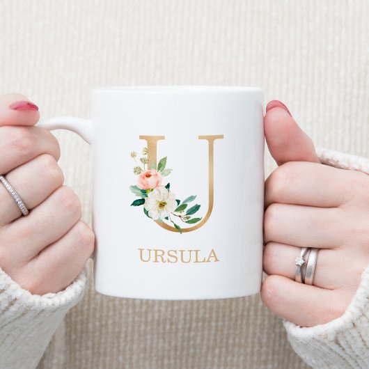 Mug Monogramme Lettre U Or | Floral Rose Blanc Vert
