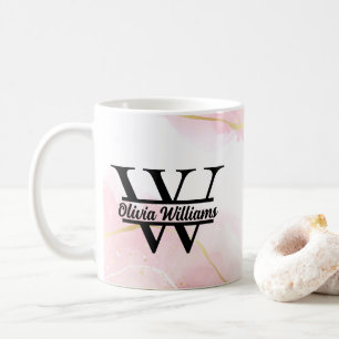 Mug Monogramme Marbre Rose   Paillettes Dorées Moderne