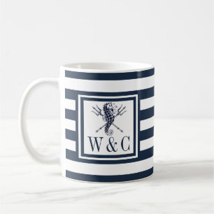 Mug Monogramme marin Bleu Bleu Bleu Bleu Bande Nautiqu