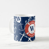 Mug Monogramme marine Ancre bleue Maison de plage (Devant gauche)