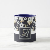Mug Monogramme Marine Bleu Blanc Floral Décor Anémone (Centre)
