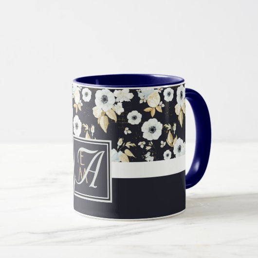 Mug Monogramme Marine Bleu Blanc Floral Décor Anémone (Devant droit)