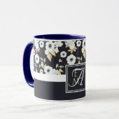 Mug Monogramme Marine Bleu Blanc Floral Décor Anémone (Devant gauche)