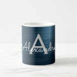 Mug Monogramme métallique élégant bleu moderne Nom<br><div class="desc">Monogramme d'huile d'acier inoxydable métallique Faux bleu moderne et élégant Nom et première tasse de café. Le café monogrammed ou tasse de thé fait le cadeau parfait de Noël ou d'anniversaire pour quelqu'un qui aime le style personnalisé chic chic.</div>