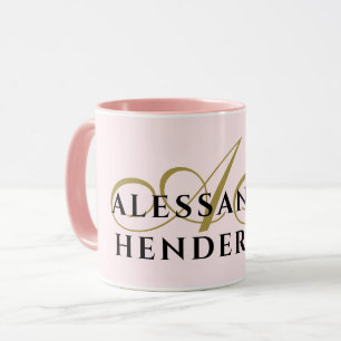 Mug Monogramme Minimaliste Rose Pastel Or Noir Élégant