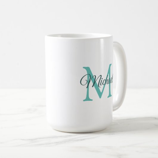 Mug Monogramme Modèle initial clair Turquoise blanc (Devant droit)