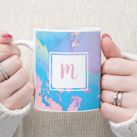 Mug Monogramme moderne aquarelle marbre rose bleu viol
