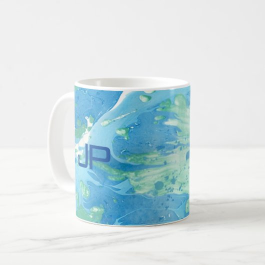 Mug Monogramme Moderne Art Abstrait Modèle bleu (Devant gauche)