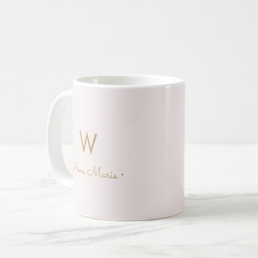 Mug Monogramme moderne Blush Pink Gold Script (Devant gauche)