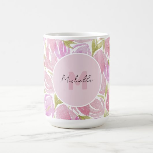 Mug Monogramme moderne Boho rose Aquarelle Fleurs (Centre)