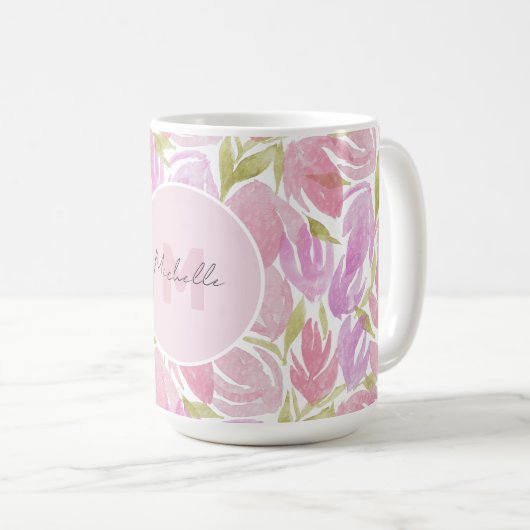 Mug Monogramme moderne Boho rose Aquarelle Fleurs (Devant droit)