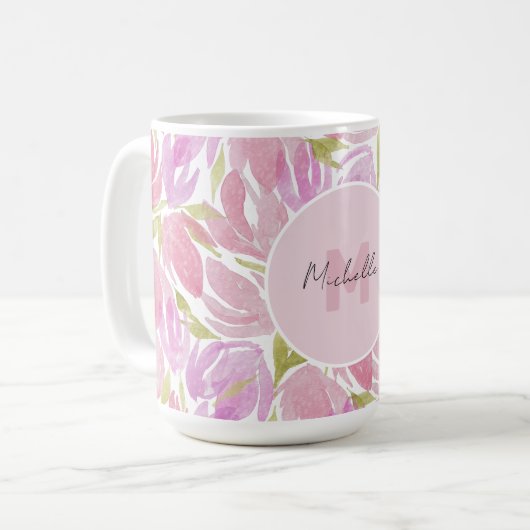 Mug Monogramme moderne Boho rose Aquarelle Fleurs (Devant gauche)