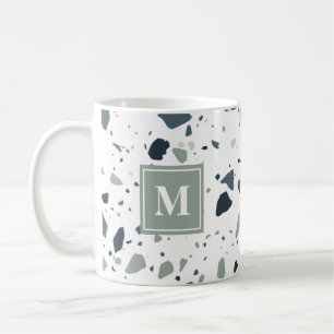 Mug Monogramme Moderne en Marbre de Terrazzo Bleu Vert