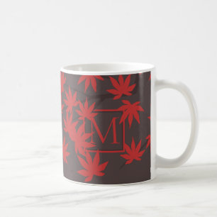 Mug Monogramme Moderne Feuille d'Érable Rouge Grise