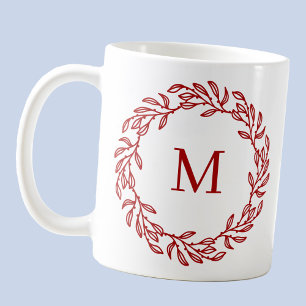 Mug Monogramme moderne Feuille rouge initiale et couro
