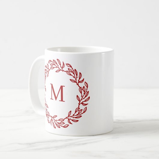 Mug Monogramme moderne Feuille rouge initiale et couro (Devant gauche)